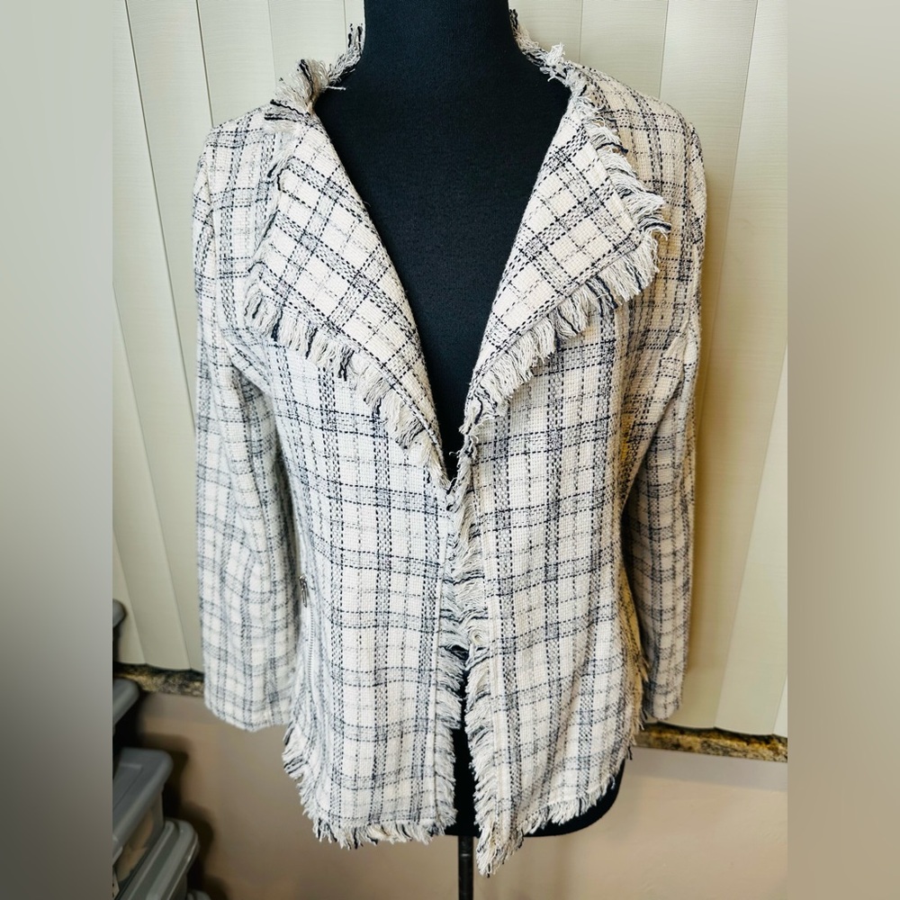 Vici White Grey Black Tweed Fringed Plaid Layering Blazer Jacket Size Large